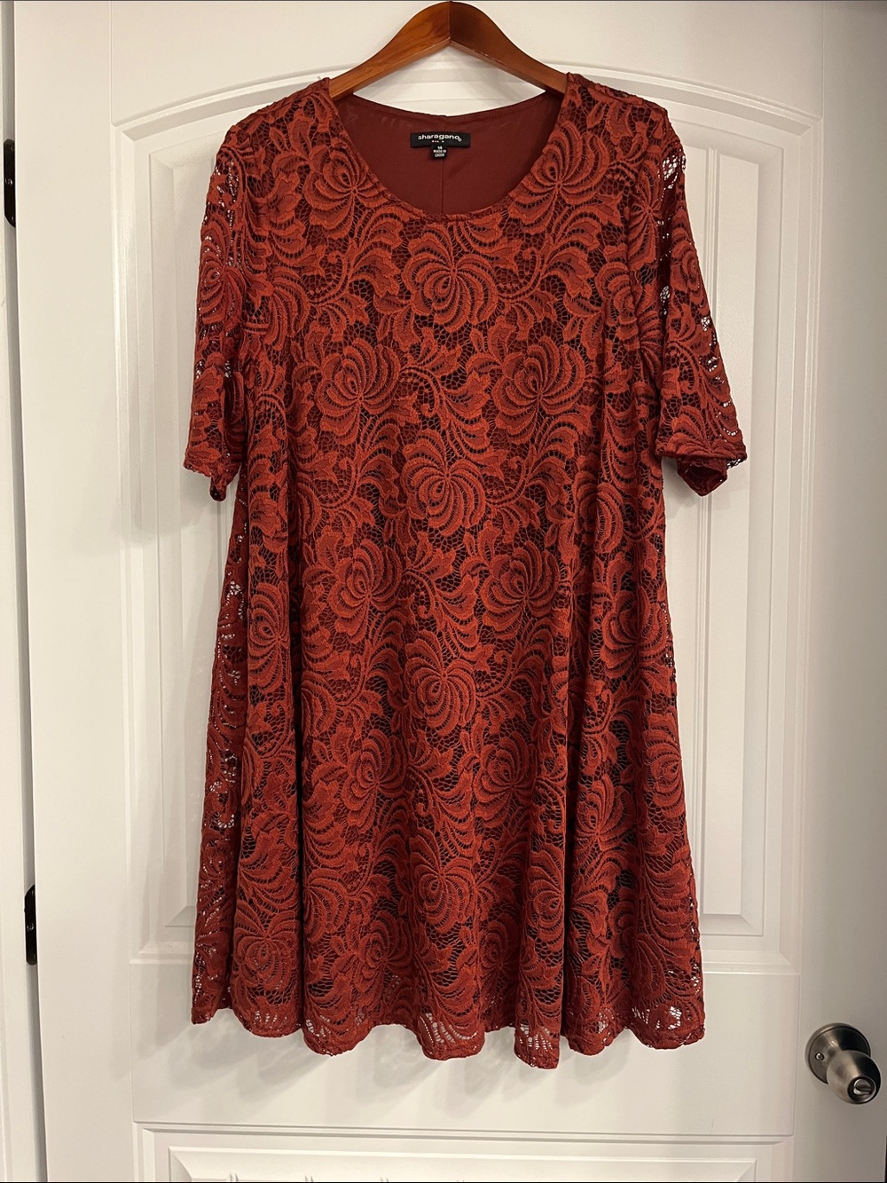 Sharagano Rust Lace Floral Midi Dress